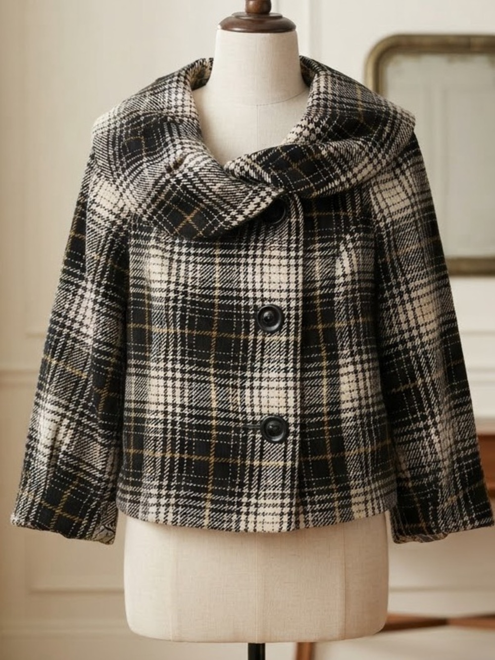 Mossimo Supply Co.| Black & Cream Plaid Wool Blend Short Button Pea Coat Sz M